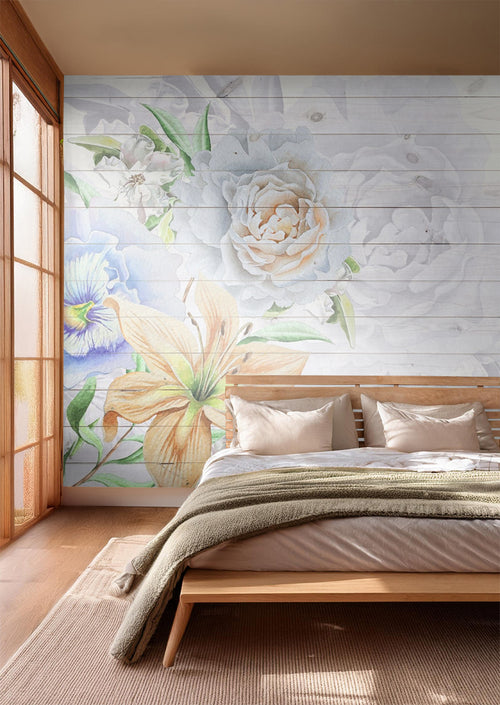 Sanders & Sanders fotobehang bloemen wit, blauw en oranje - 375 x 270 cm - 600501