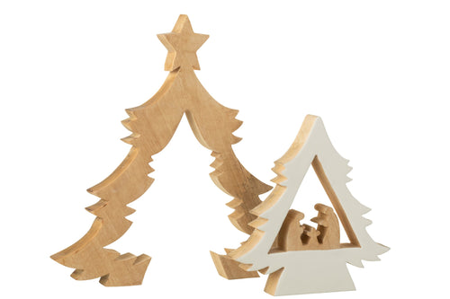 J-Line decoratie Kerststal In Boom + Ster - hout - wit/naturel