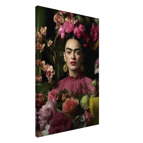 Artfulprints Canvas Frida Kahlo – Floral portrait canvas - 60x90 cm - Roze