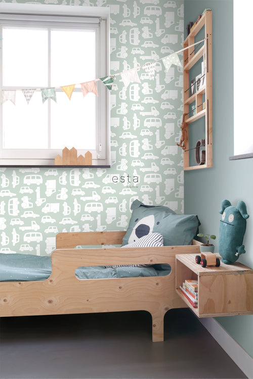 ESTAhome behang auto's mintgroen - 53 cm x 10.05 m - 139046