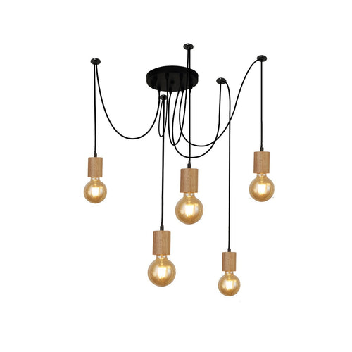 Spinny Plafondhanger met 5 lampen, hout en zwart metaal