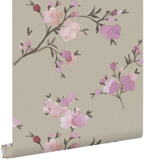 ESTAhome eco-texture vliesbehang kersenbloesems taupe en lila paars - 0,53 x 10,05 m - 148717 - vtwonen shop