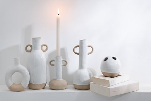 J-Line kandelaar/vaas Handvaten - porselein - wit/beige -  2 stuks - 17.5 cm hoog