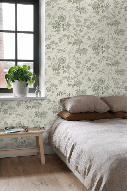 ESTAhome behang vintage bloemen crème en vergrijsd groen - 53 cm x 10.05 m - 139400