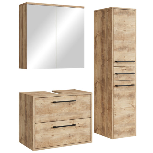 Badplaats Wastafelkast Set Florence 60 x 35 cm – Kastanje Eiken – Badmeubel met Spiegelkast en Kolomkast