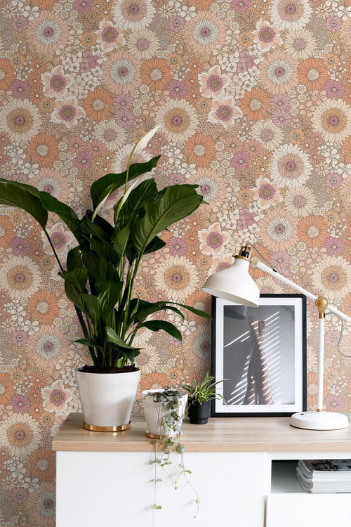 ESTAhome behang retro bloemen terracotta, paars en wit - 53 cm x 10.05 m - 131314