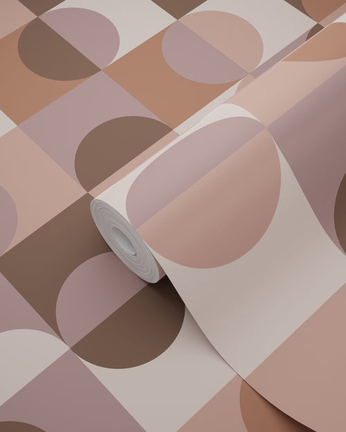 ESTAhome behang cirkels in Bauhaus stijl bruin en mauve paars - 50 x 900 cm - 131241 - vtwonen shop