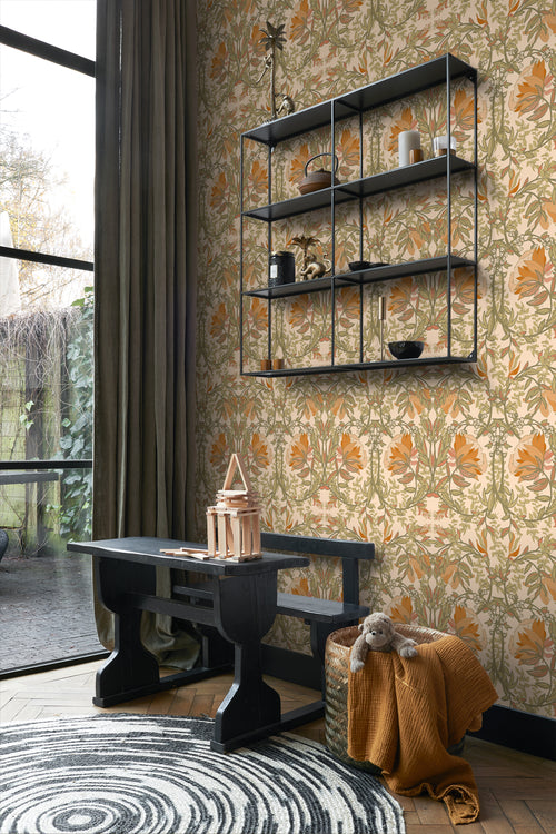 ESTAhome behang vintage bloemen in art nouveau stijl groen, oranje en beige - 50 x 900 cm - 131697