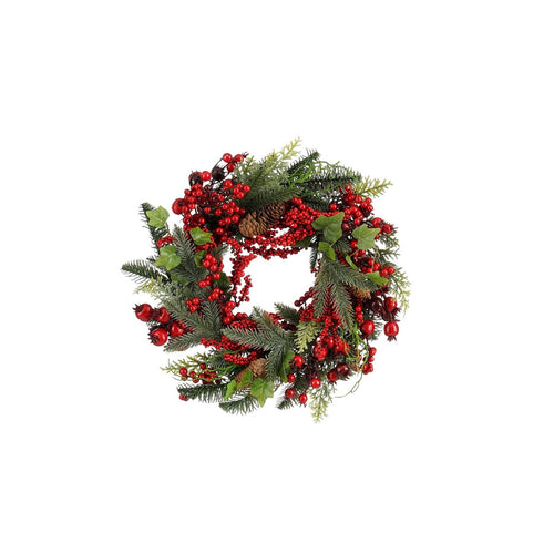 Mica Decorations Norah Kerstversiering - Kerstkrans met Dennenappels en Rode Besjes - Deurkrans voor Hal, Voordeur of Raam - Klassieke Kerstdecoratie