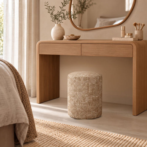 Mica Decorations Groove Kruk Beige - Ronde Kruk met Grafisch Patroon en FSC 100% Houten Pootjes - Multifunctioneel als Voetenbank, Bijzettafel of