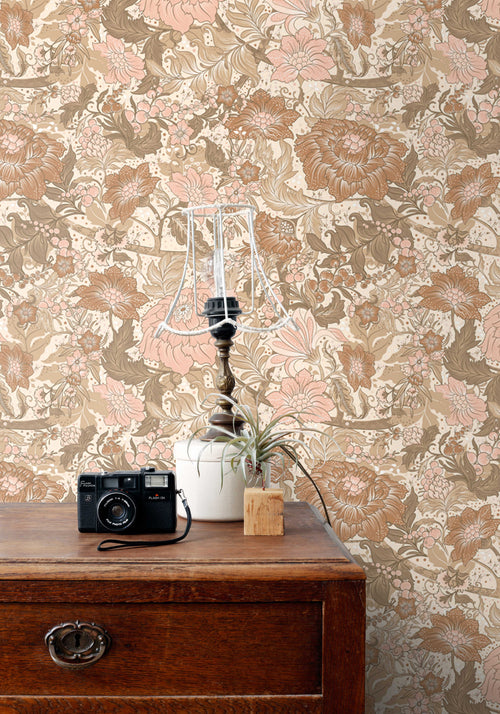 ESTAhome behang vintage bloemen zacht roze, bruin en taupe - 50 x 900 cm - 131191