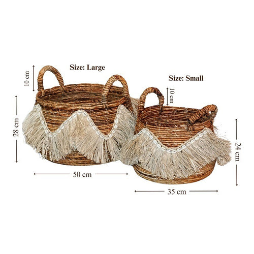 Decoratieve Opbergmanden Set van 2 – Handgevlochten Bananenstam / Bananenvezel Mand met Schelpen & Raffia – Boho Stijl – Met Handvatten - 52x52x35cm