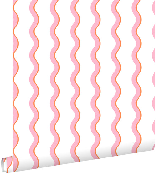 ESTAhome behang golvende strepen roze, oranje en wit - 50 x 900 cm - 131722