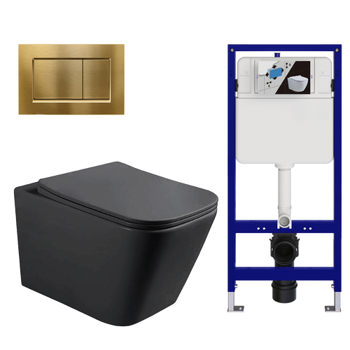 LOMAZOO hangtoiletset Linea - met inbouwreservoir & vierkante drukplaat - vierkant - goud / zwart
