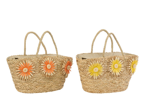 J-Line strandtas Zonnebloem - zeegras - geel/oranje - set van 2