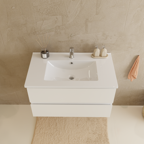 LOMAZOO badmeubelset Verona - met hoge kast & witte wastafel - glanzend wit - 80 cm