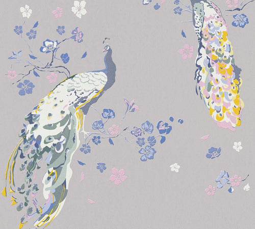 Livingwalls behang vogel grijs, blauw, roze, wit en oranje - 53 cm x 10.05 m - AS-389065