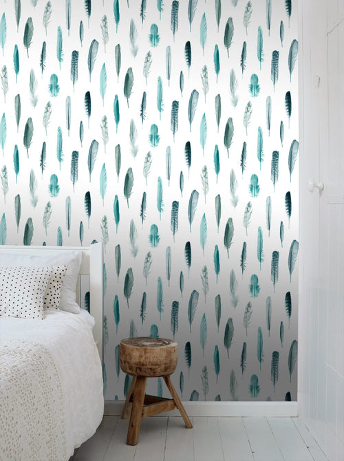 ESTAhome behang veren turquoise en mat wit - 53 cm x 10.05 m - 138895