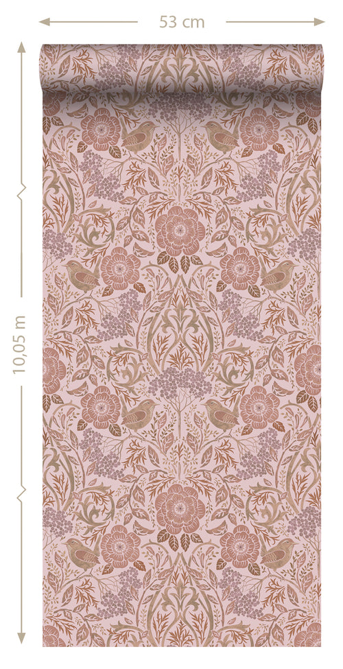 ESTAhome behang bloemen en vogels lila paars en terracotta roze - 50 x 900 cm - 139830 - vtwonen shop