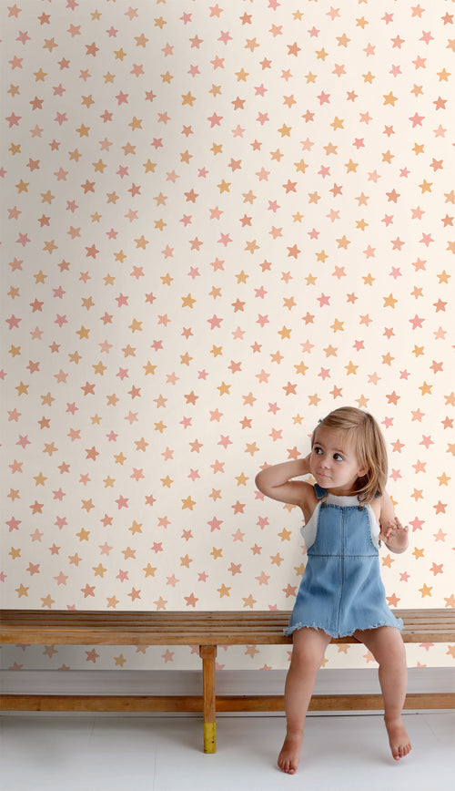 ESTAhome behang sterretjes wit, roze en oranje - 50 x 900 cm - 131708