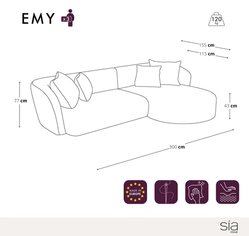 Sia Home - Hoekbank rechts EMY - Fluweel - Grafiet grijs - 300cm - vtwonen shop