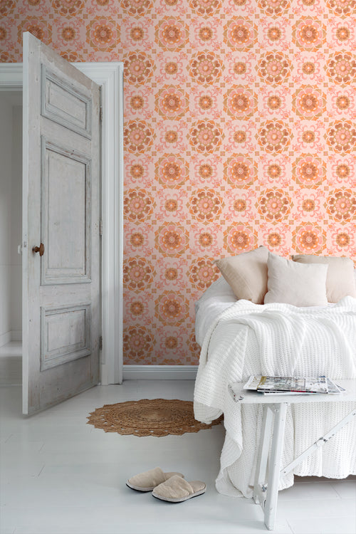 ESTAhome behang tegelmotief roze en oranje - 50 x 900 cm - 131687