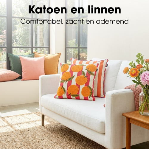 Mica Decorations Sinaasappel Sierkussen - Kussen met Kussenhoes - Woondecoratie Woonkamer - 45 x 45 x 10 cm - Katoen, Polyester - Off-white, Rood,