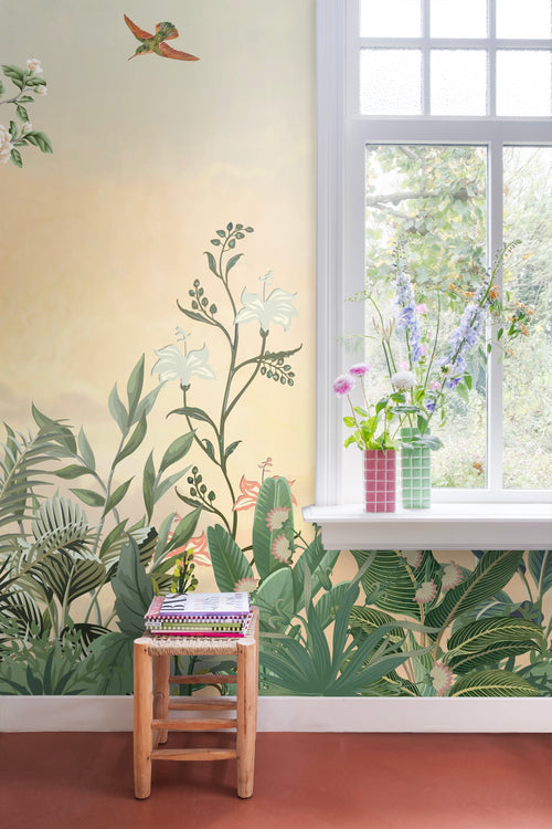 ESTAhome fotobehang tropische jungle bladeren en paradijsvogels groen en meerkleurig - 400 x 279 cm - 159463 - vtwonen shop