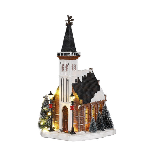 Luville Kerstdorp Miniatuur Kerk - Kerstversiering met Warme Verlichting en Besneeuwde Bomen - Kerst Decoratie voor Binnen op Batterijen - L15 x B16,5