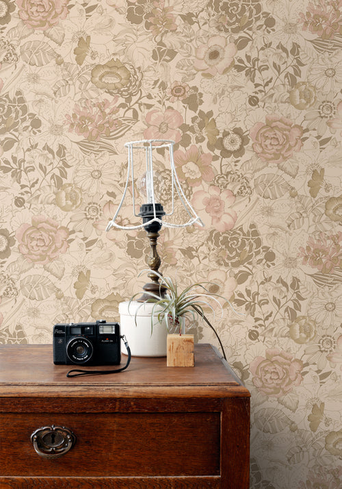 ESTAhome behang vintage bloemen lichtbruin en oudroze - 50 x 900 cm - 139764 - vtwonen shop