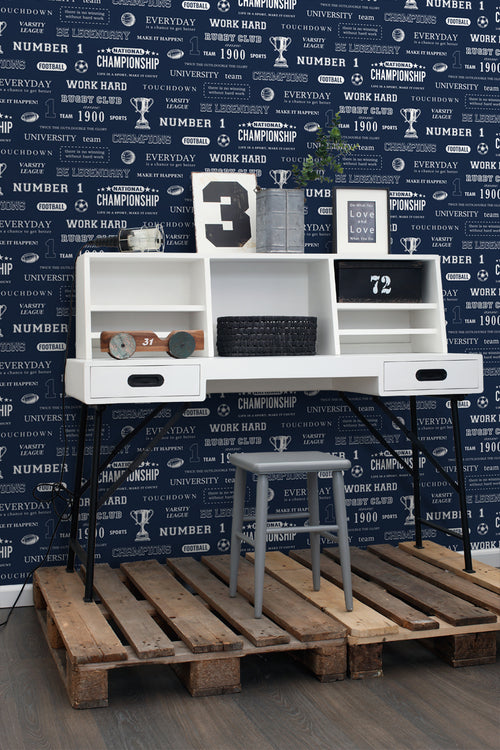 ESTAhome behang sportquotes donkerblauw - 53 cm x 10.05 m - 128816