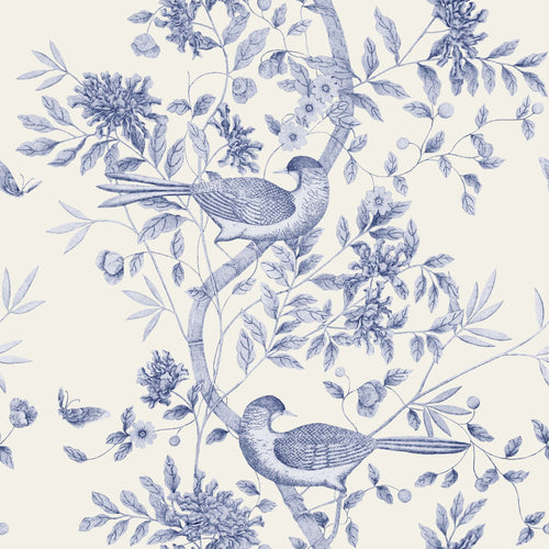 ESTAhome behang bloemen en vogels delfts blauw - 50 x 900 cm - 132115