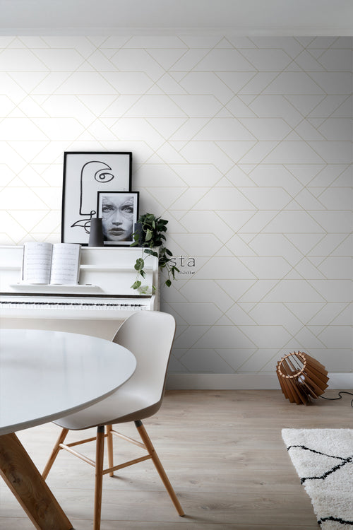 ESTAhome behang grafische lijnen wit en goud - 53 cm x 10.05 m - 139143