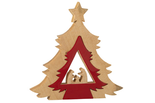 J-Line decoratie Kerststal in Boom + Ster - hout - rood/naturel