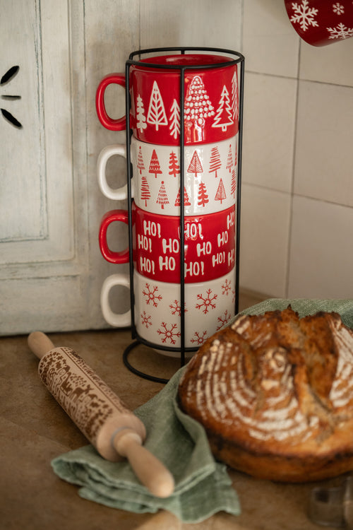 J-Line kopje Kerstmis Dolomiet - keramiek - rood/wit - doos van 4
