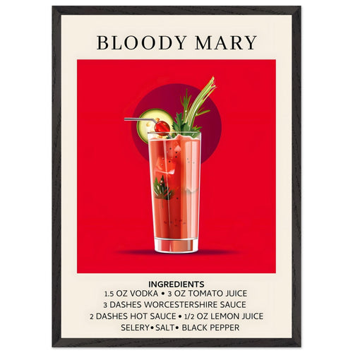 Artfulprints Poster met Lijst Bloody Mary cocktail - Ingrediënten   - 50x70 cm - Rood