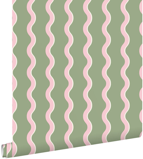 ESTAhome behang golvende strepen groen en roze - 50 x 900 cm - 132137