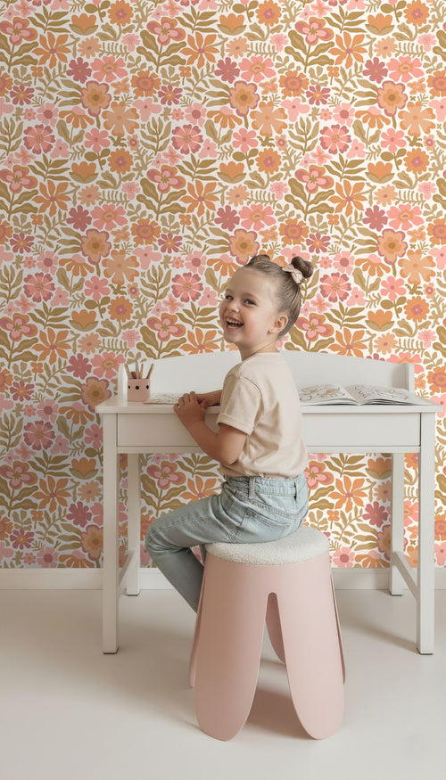 ESTAhome behang bloemetjes oranje en roze - 50 x 900 cm - 132291
