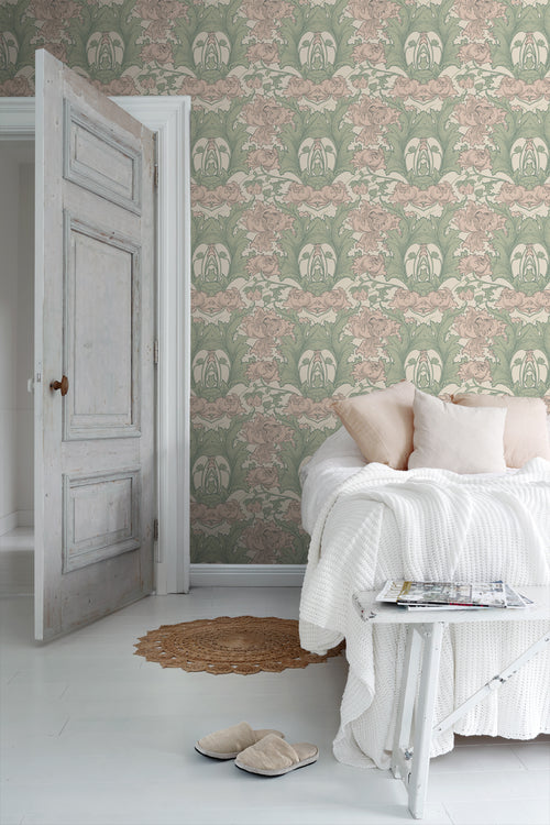 Borastapeter behang bloemen groen en oudroze - 53 cm x 10.05 m - 660077 - vtwonen shop