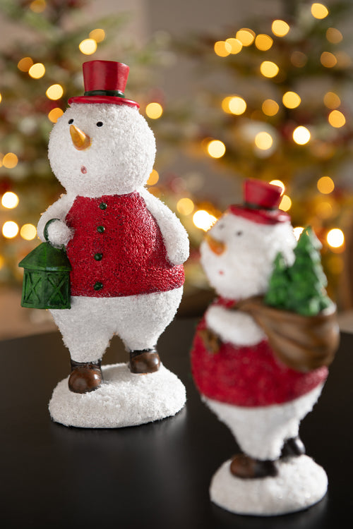 J-Line figuur Sneeuwman Boom + Lantaarn - polyresin -  mix - medium - 2 stuks - vtwonen shop