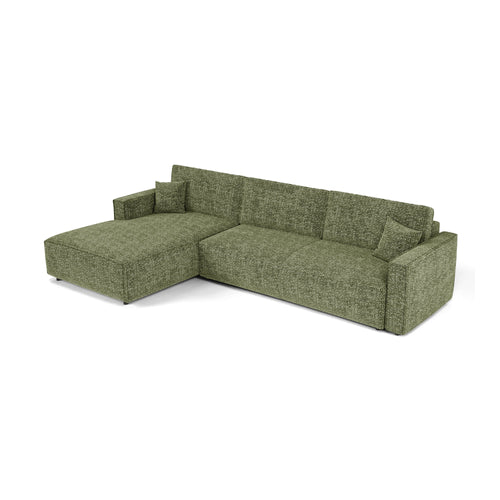 Premium Interiors - Linkshoekbank met slaapfunctie en opbergruimte  - stof met tweed-effect groen 197cm