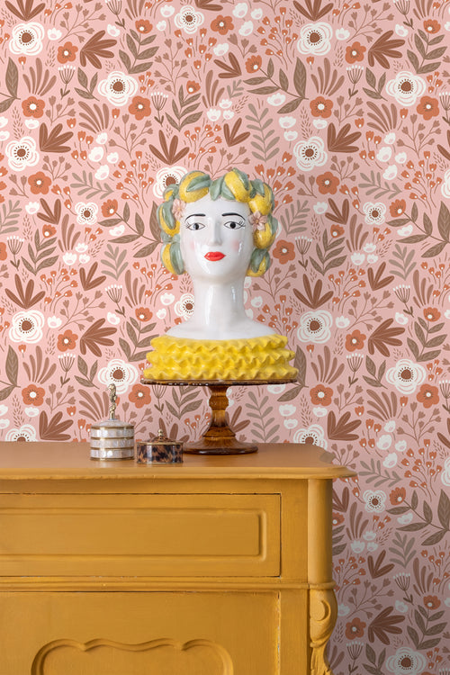 ESTAhome behang bloemetjes terracotta roze - 50 x 900 cm - 131069 - vtwonen shop