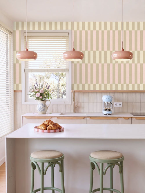 ESTAhome behang linnen-look strepen lichtgroen en licht roze - 50 x 900 cm - 132251