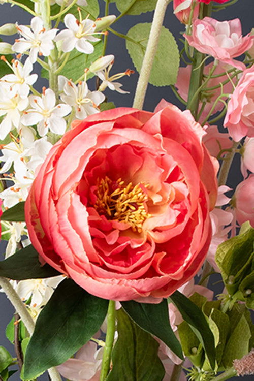 Madame Fleurie Hygge Mossgreen Boeket inclusief Vaas – Luxe Zijden bloemen in Warme Koraaltinten - 24cm x 40cm