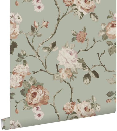 ESTAhome behang vintage bloemen vergrijsd mintgroen en zacht roze - 53 cm x 10.05 m - 139291