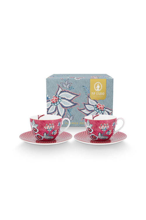 Pip Studio Flower Festival Kop en Schotel - Servies - Set van 2 - Donkerroze - 280ml - vtwonen shop