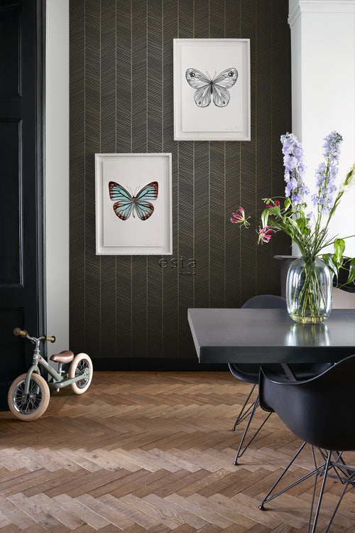 ESTAhome behang visgraat-motief zwart en goud - 53 cm x 10.05 m - 139136
