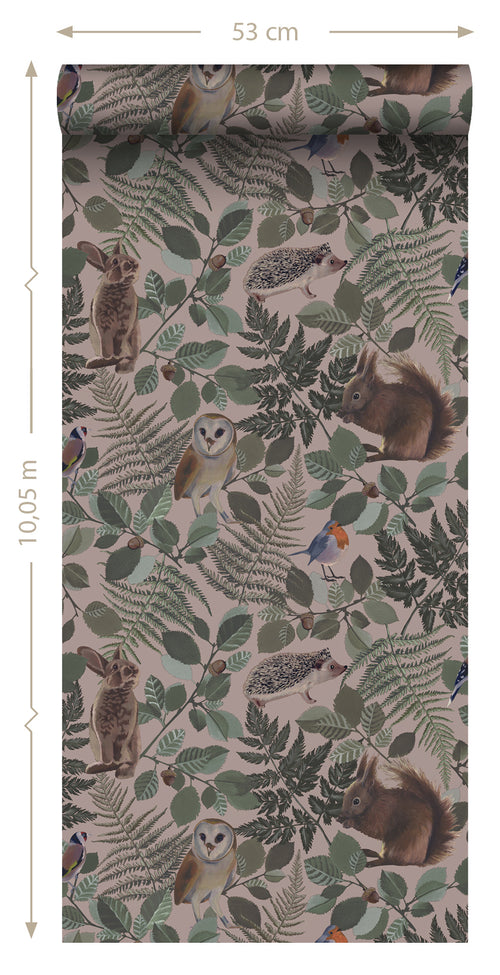 ESTAhome behang bosdieren oudroze, groen en bruin - 53 cm x 10.05 m - 139252