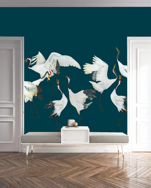 Catchii Behang Mural kraanvogels blauw Japanese Crane Dance - vtwonen shop