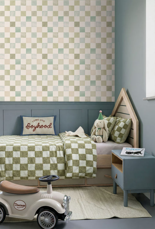 ESTAhome behang geblokt motief beige, blauw en groen - 50 x 900 cm - 131718